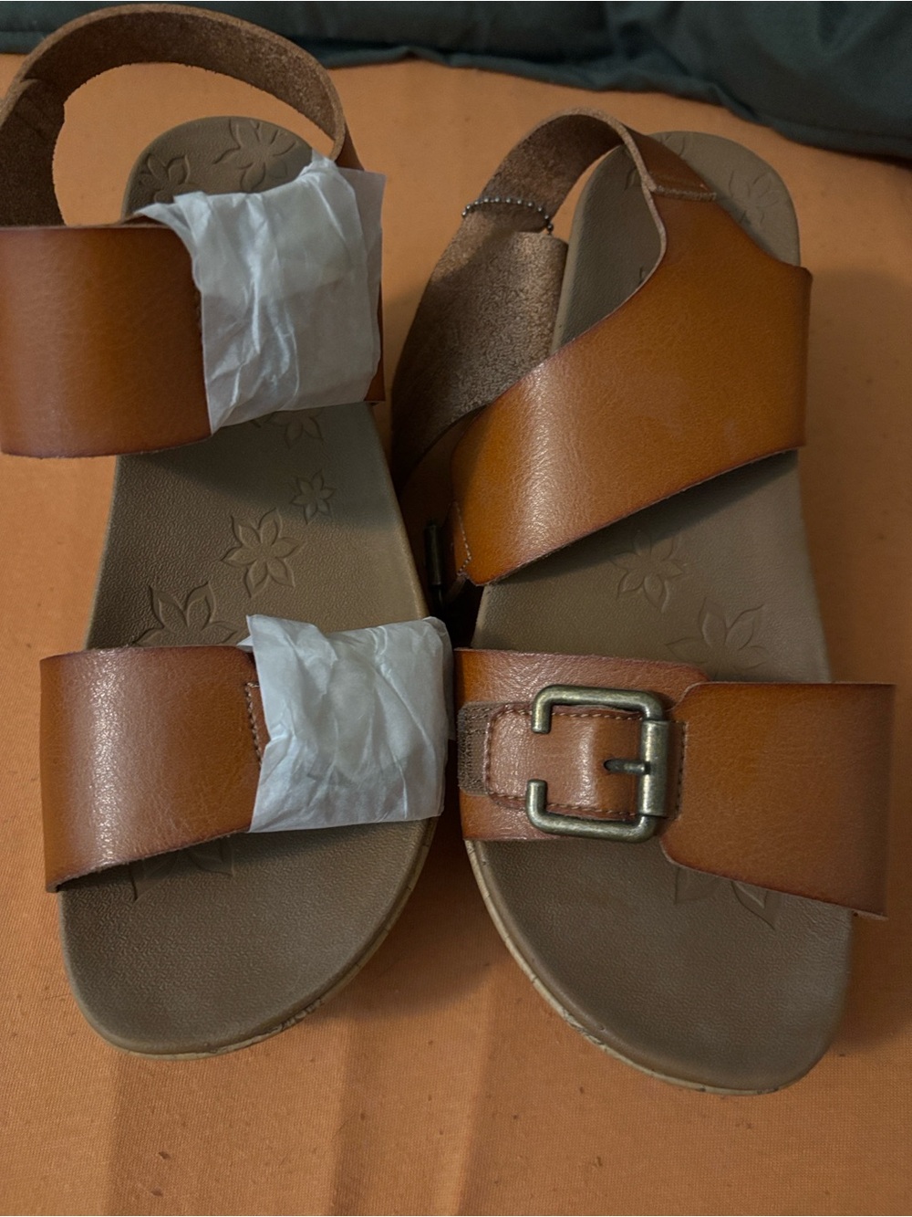 Tan Brown Leather Slide Sandals with Buckle